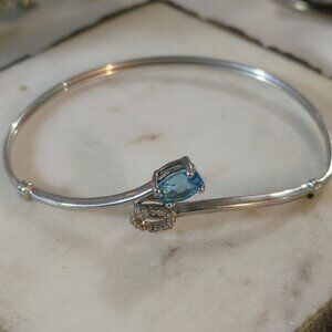 Blue Topaz CZ Sterling Silver 925 Stamped Cuff Bangle Bracelet Crystal Gemstone